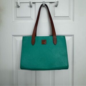 Dooney & Bourke Teal Pebble Leather Tote with Brown Handles